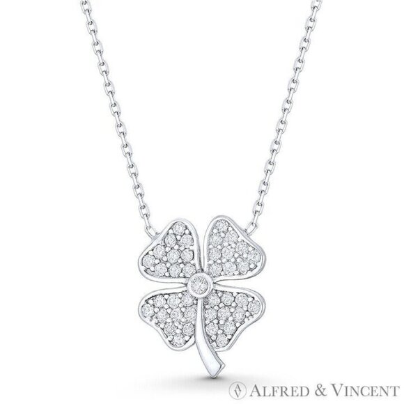 4-Leaf Clover Shamrock Irish CZ Crystal Necklace Pendant in .925 Sterling Silver - Picture 1 of 1